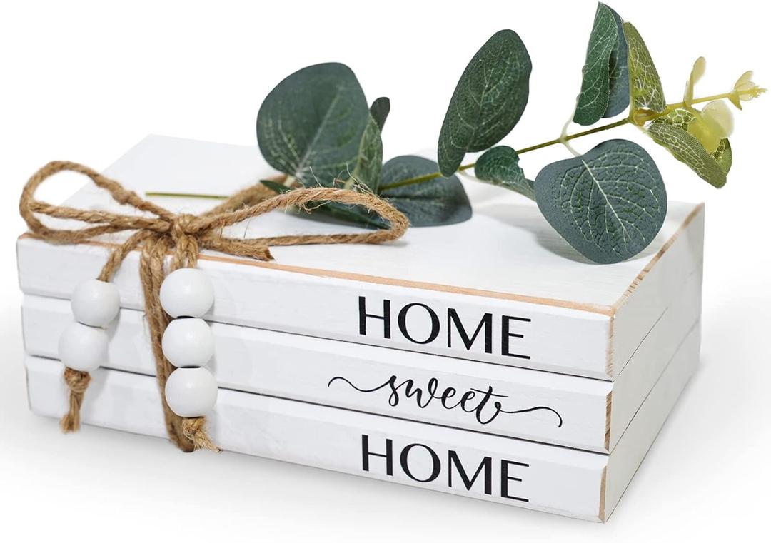 3 Pieces Wooden Decorative White Books, Rustic Farmhouse Faux Books for Coffee Table Shelves with Wood Bead Tassels and Leaves, 7'x 4.6'x 2.5' (Home, Sweet, Home)