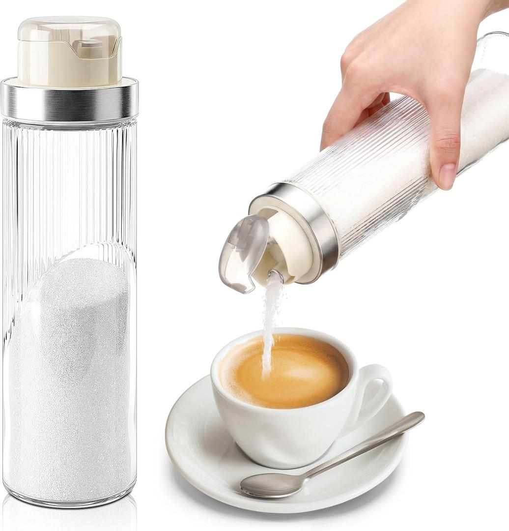 LemonRoad 22 oz Large Glass Sugar Dispenser with Pour Spout for Sugar, Coffee, Large Capacity Sugars Container Anti-slip Ribbed Design Glass Jars for Salt Kitchen Baking(Warm Gray)