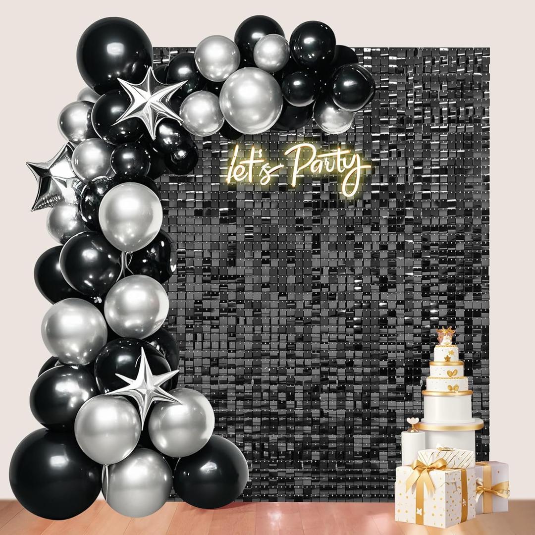 24 Pcs Black Shimmer Wall Backdrop Panels for Party Decoration,4 FT x 6 FT Black Sequin Backdrop for Birthday Graduation Anniversary Engagement
