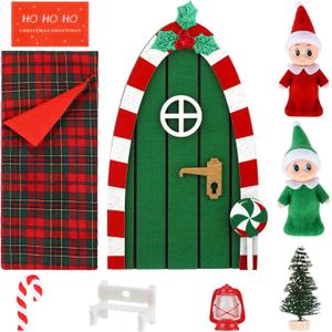 9 Pieces Christmas Red Magic Girl Fairy Doors Decorative Set Miniature Tiny Wooden Tooth Fairy Door Mini Xmas Decorations The Santa's Door Decor for Party Accessories (Classic Style)