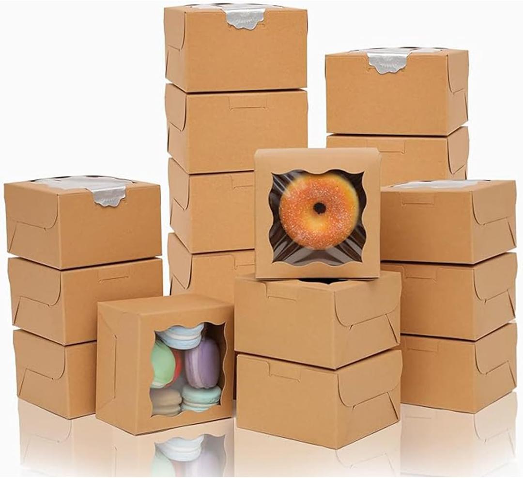 Bakepacker Kraft Bakery Boxes with Window - 4x4x2.5 inches Small Size Pastry & Mini Cookie Boxes for Bakeries - Thick & Sturdy (100 Packs)