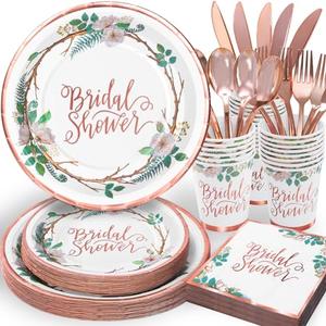 Gudvilla Rose Gold Bridal Shower Decorations, 168Pcs Bridal Shower Plates and Napkins Sets, Floral Paper Plates Serve 24, Love is In Bloom, Bride To Be, Wedding Shower, Bachelorette Party