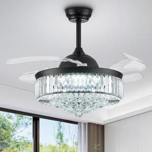 42'' Fandelier Ceiling Fan with Light, Retractable Chandelier Fan LED Dimmable Crystal Ceiling Fan for Bedroom Living Room Dining Room-Black