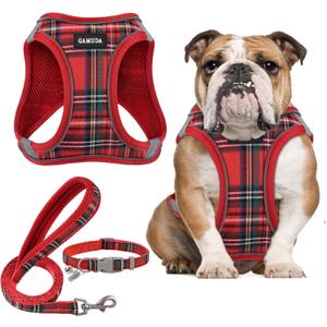 GAMUDA Small Dog Harness Collar and Leash Set, Step in No Chock No Pull Soft Mesh Adjustable Dog Vest Harnesses Plaid Reflective for Dogs Puppy Cats Kitten Rabbit (Red, L)
