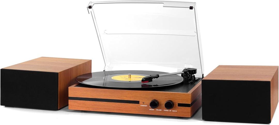Vinyl Record Player With Dual Bookshelf Speakers Vintage Belt Drive Bluetooth Turntable
