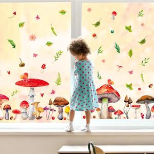Whaline 6 Sheets Fall Window Clings Watercolor Mushroom Botanical Design Window Decals Wildflower Leaf Double-Sided for Home Office School Classroom Accessories Party Supplies Gifts