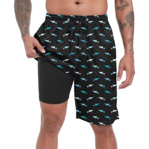 FT FENTENG Mens Swim Trunks with Compression Liner 9" Board Shorts 2 in 1 Quick Dry Beach Swimwear Bathing Suits for Men (Black, L)