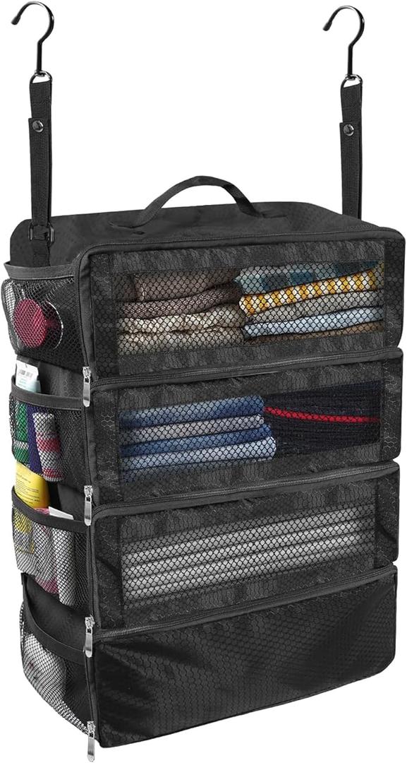  Suitcase Organizer, Travel Luggage Organizer Portable Hanging Travel Shelves Collapsible Hanging Packing Cubes for Carry on Suitcase, Black, M