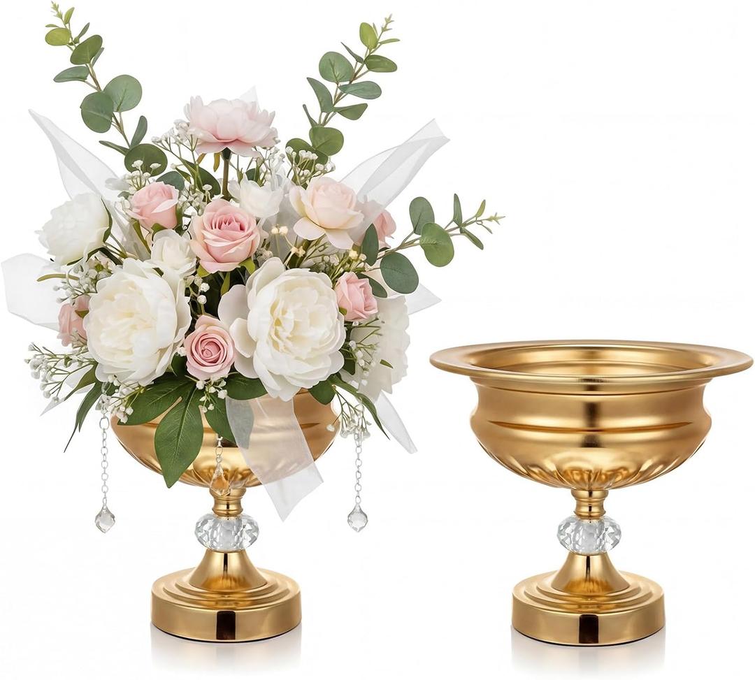 2 Pcs Gold Metal Vases for Centerpieces Crystal Gold Compote Vase Footed Wedding Elegant Centerpieces Compote Bowl Decorative for Anniversary Ceremony Tables Birthday Party