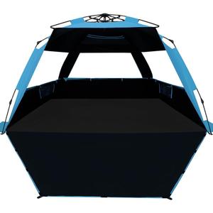 WhiteFang XL Pop Up Beach Tent Sun Shade Shelter for 3-4 Person with Blackout Shelter, UV Protection, Extendable Floor with 3 Ventilating Windows Plus Carrying Bag, Stakes, and Guy Lines (Solid Blue)