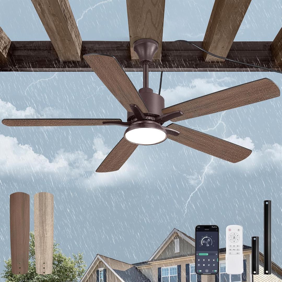Fanbulous 52" Outdoor Ceiling Fans with Light for Patios, IP65 Waterproof Gazebo Fan, Plug in Ceiling Fan with Remote, 3CCT 6-Speed Oil-Bronze Ceiling Fan with Hanging Hook for Porch, Pergola,Canopy