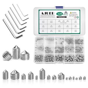 320PCS Metric M2.5/3/4/5/6/8 304 Stainless Steel Allen Head Hex Socket Cone Point Set Screws,Internal Hex Drive Grub Screws,Tip Point Headless Set Screw Assortment Kit for Door Handle,Bathroom