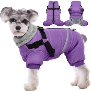 BRKURLEG Purple Dog Coat with Harness, Dog Winter Jacket, Dogs Onesie Body Warm Jackets, Small Dogs Winter Coats Reflective Windproof Warm Cold Weather Coats, Pet Waterproof Jackets, Small