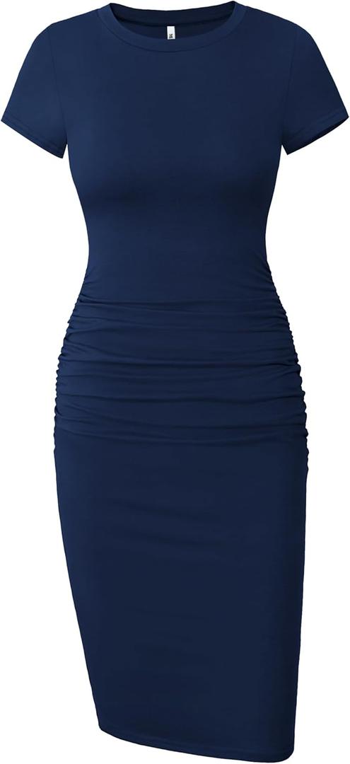 Missufe Women's Short Sleeve Ruched Casual Sundress Midi Bodycon T Shirt Dress (Medium, Navy Blue)