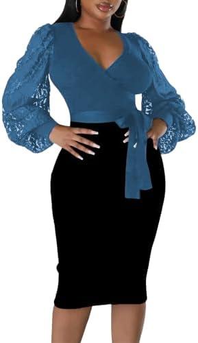 BOGURST Semi Formal Church Dresses for Women Bishop Sleeve Sexy V Neck Bodycon Midi Dresses, S