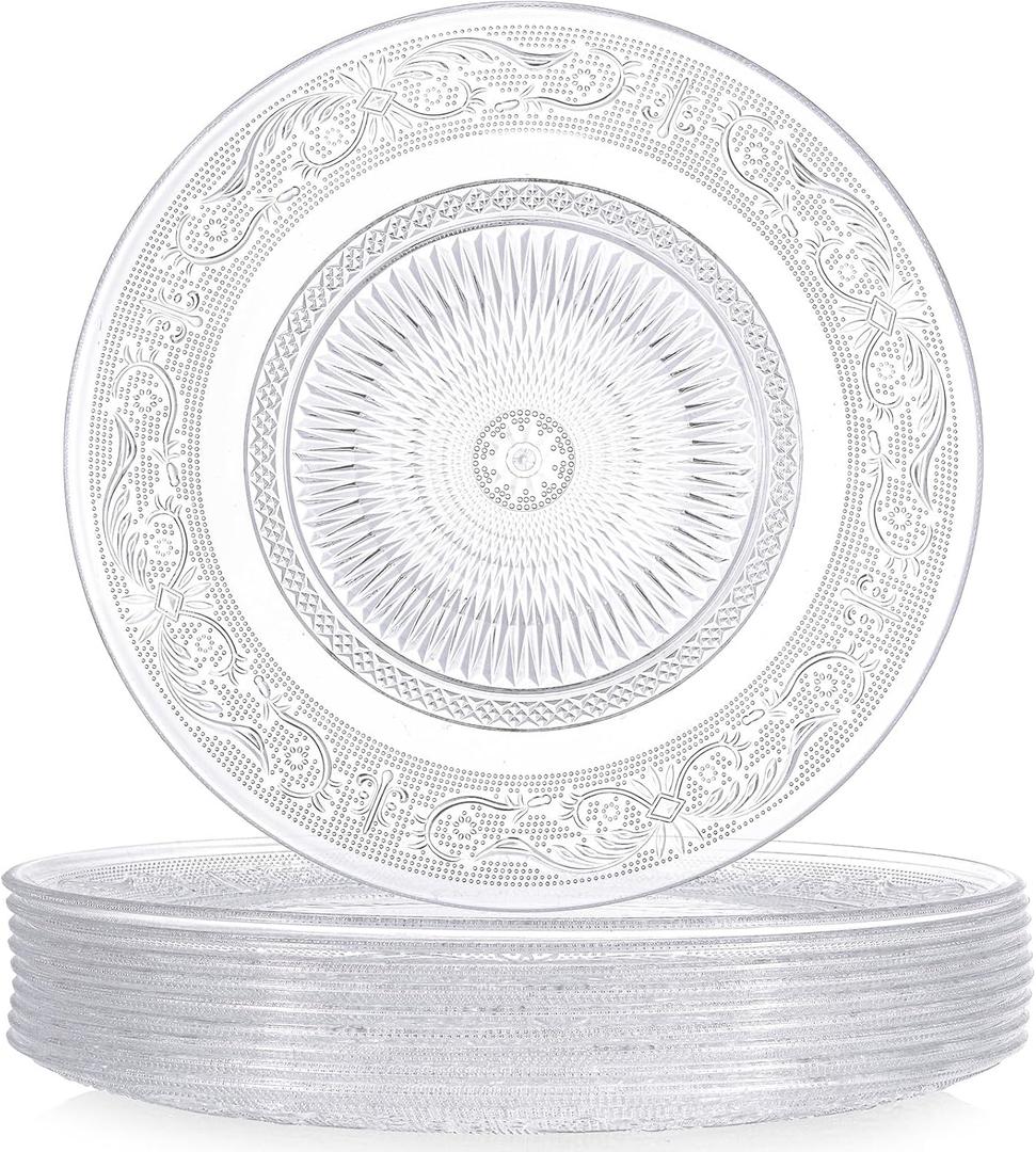 10 Pcs 13.8 Inch Acrylic Crystal Dinner Plates, Clear Round Plastic Serving Platter Trays Vintage Dragon and Phoenix Embossed Dinnerware for Serving Food Salad Pasta Fruit Home Party Wedding