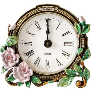 Silent Mini Vintage Analog Table Clock with Hand-Painted Metal Body and Battery Operated Non-Ticking Core for Shelf, Bedroom, Bedside, Desk, Gift Clock (Purple Rose)
