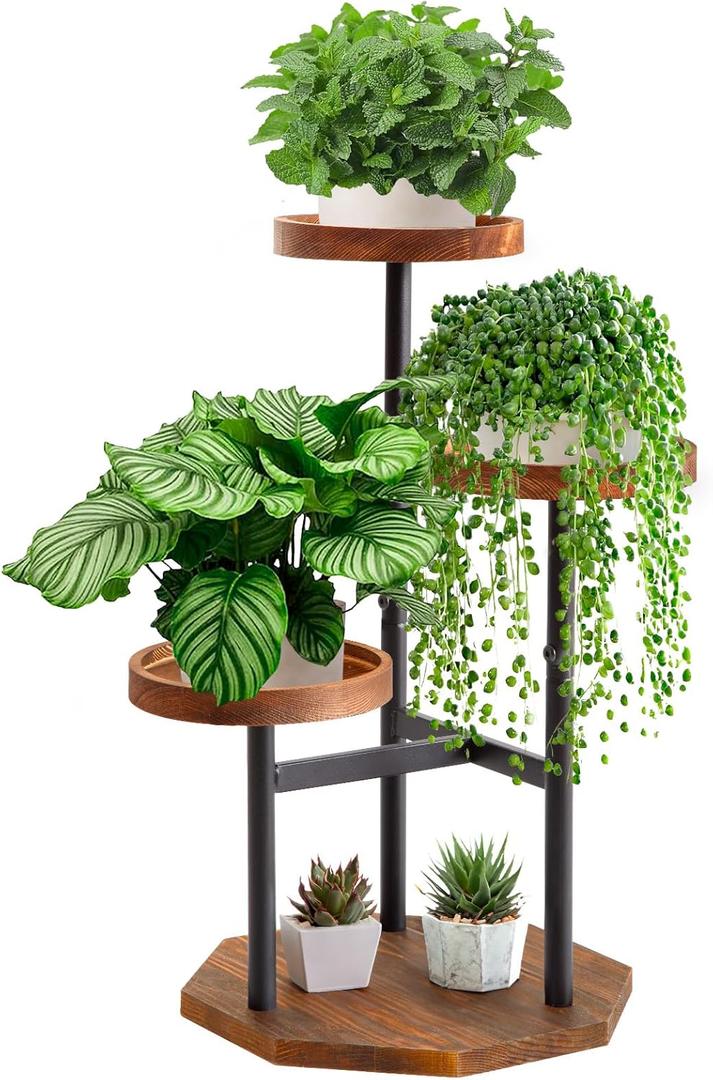 TEAKMAMA 3 Tier Plant Stand Indoor Outdoor, Tall Metal Wood Flower Shelf Holder with Raised Design, for Garden Decor, Patio Garden Corner, Living Room, Balcony