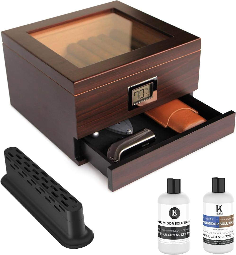 CASE ELEGANCE Glass Top Cigar Humidor with Thick Cedar, Easy humidification System, Accurate Digital Hygrometer - Renzo, Brown