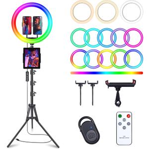 13" Selfie Ring Light with 76" Tripod Stand & 3 Phone Holder, LED Camera Ringlight with 48 RGB Colors Modes & Musical Rhythm Mode and 12 Brightness Dimmable for Makeup/Photography/Videos/Vlog/TikTok
