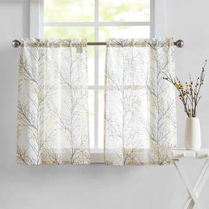 FMFUNCTEX White Yellow Kitchen Curtains for Bathroom Tree Branch Print Semi Sheer Linen Tiers for Bathroom Small Caf Curtains 24 Inch Length Grey Farmhouse Rustic Curtains Rod Pocket 2 Panels Set