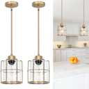 Modern Brass Pendant Light Kitchen Island Set of 2, Farmhouse Gold Pendant Light with Clear Cylinder Glass, Adjustable Rod Bathroom Pandand Light over Sink, Small Hanging Lighting for Home Decor, E26 (5.9in-Hardwired Rod)