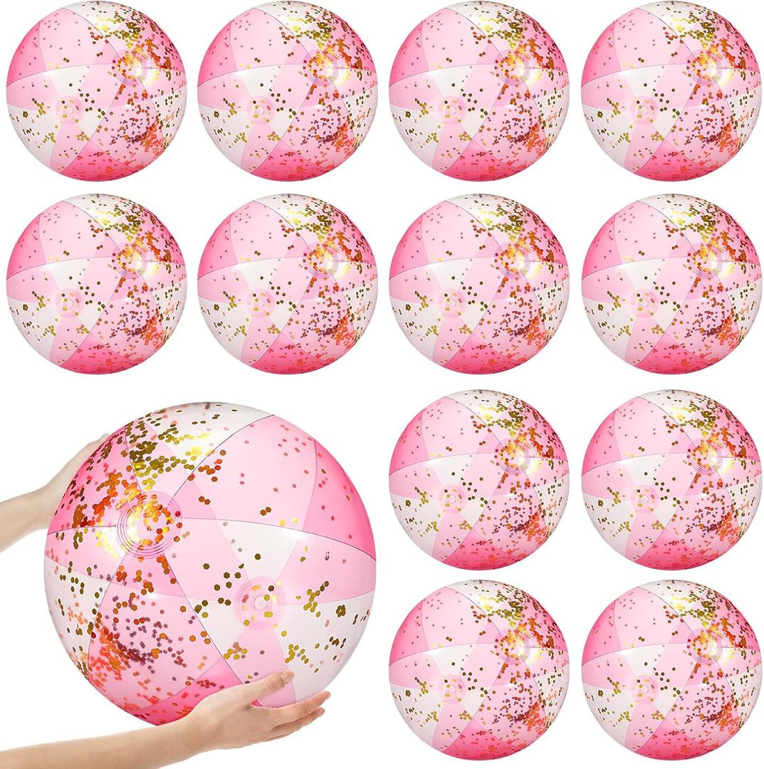 12 Pcs Inflatable Beach Balls Bulk 16 Inch Glitter Beach Balls Pool Toys for Summer Bachelorette Party Confetti Sparkling Clear Swimming Pool Toys for Party Favors (Pink)