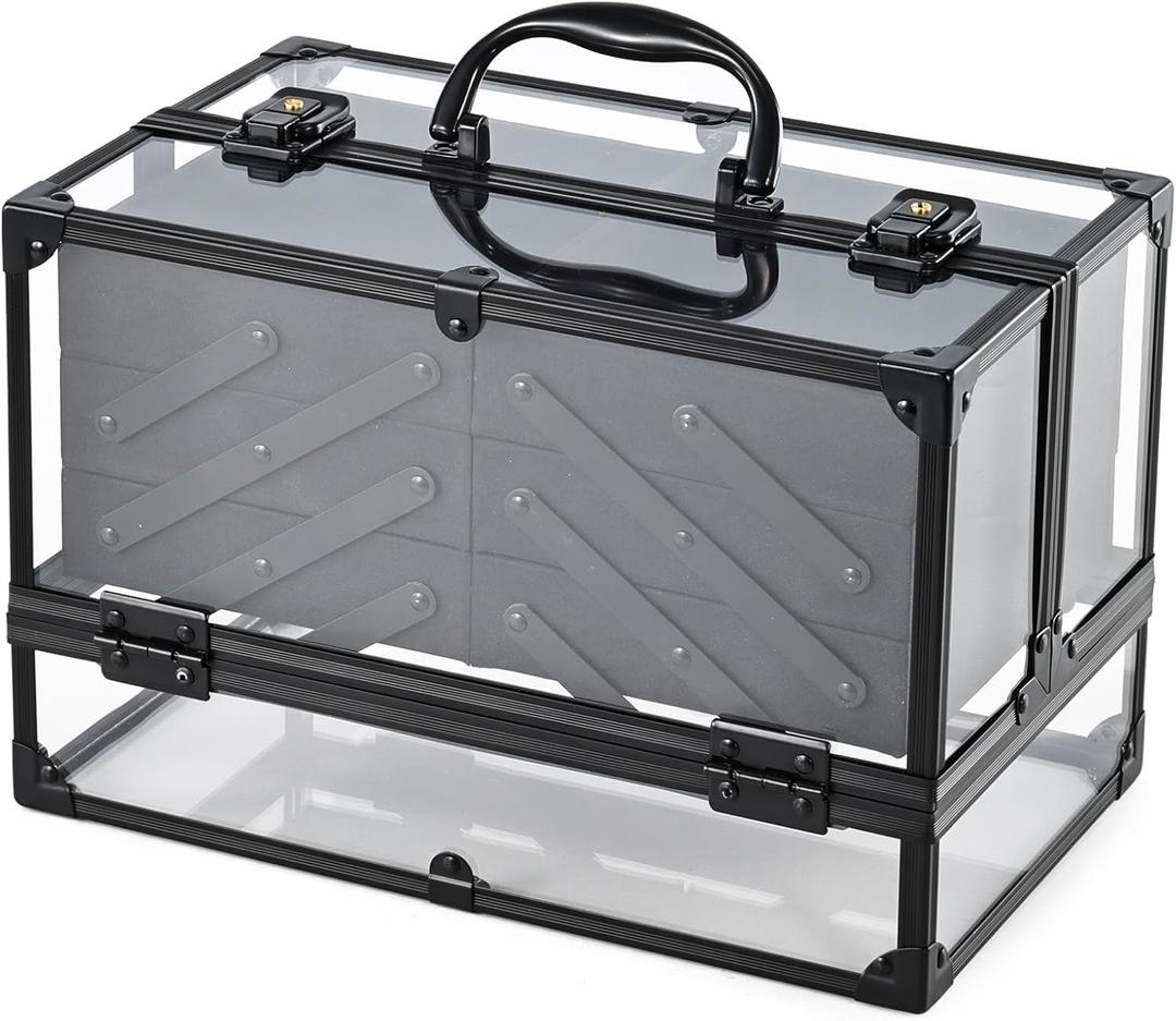 FRENESSA Portable Makeup Case Cosmetics Display Cases Toiletry Organizer Box Transparent Acrylic Artists Train Case with 6 Trays Travel Makeup Tools Storage for Vanity Counter Dresser Organizer Black