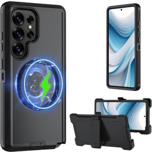 Case for Galaxy S25 Ultra 5G case, Samsung S25 Ultra Heavy Duty case,[Military Grade Protective ],[Shockproof] [Dropproof] [Dust-Proof], (with Belt Clip,MAG- Black)