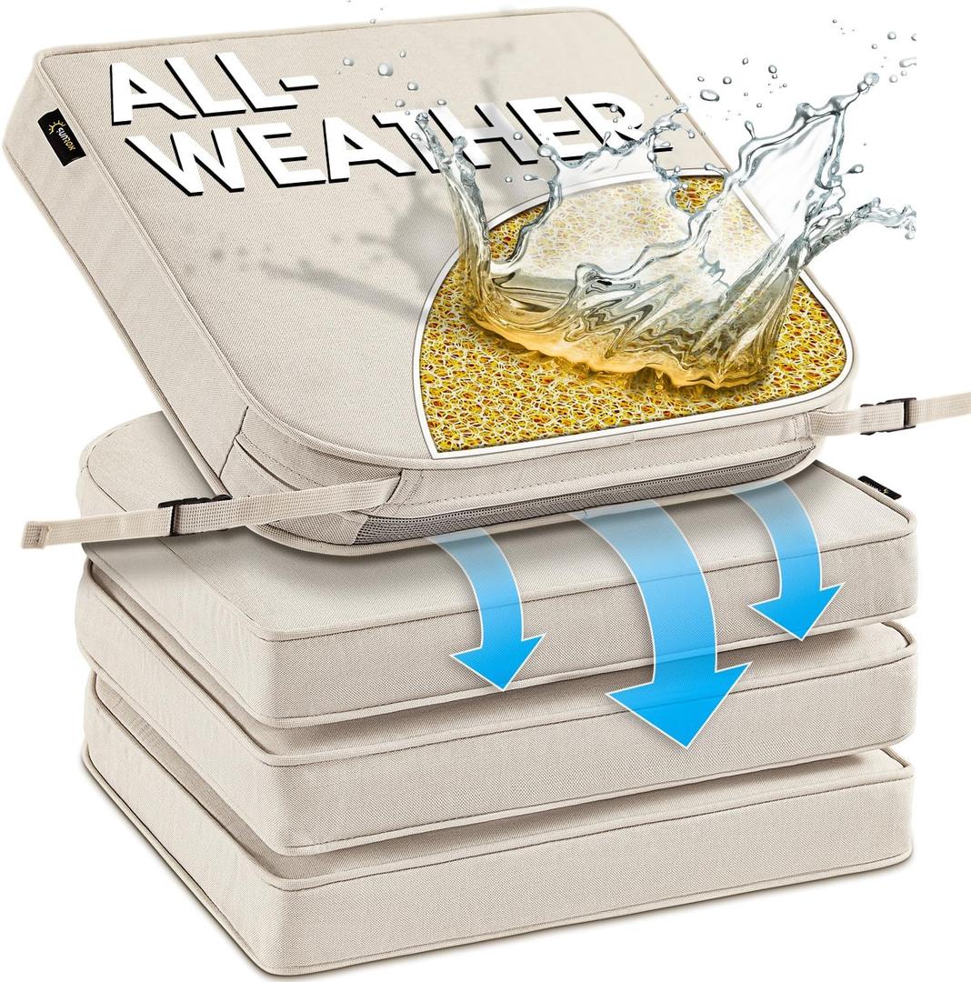 SUNROX DryFast Foam Outdoor Chair Cushion with DryMesh Drainage, All-Weather FadeShield Water Resistant Patio Furniture Cushions, Ultra Durable Patio Chair Cushions 17"x16", 4 Pack Cream