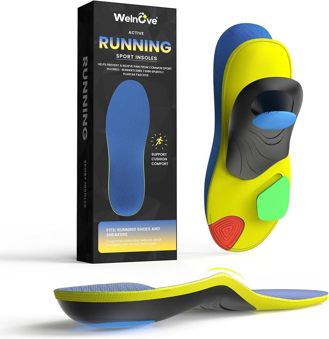 Welnove Running Insoles - Performance Arch Support Inserts for Men & Women, Help Reduce Fatigue, Prevent Injuries & Relieve Heel Pain. Extra Shock Absorption,Blue,S