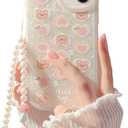 Compatible with iPhone 12 Case Cover Cute Women,Bear Love Heart Pattern with Pearl Strap Bracelet Chain Sparkly Phone Case Camera Protect