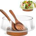 PROLEE Extra Large Glass Salad Bowl Set, Clear Salad Bowl with Solid Wood Base Servers, Elegance Salad Serving Bowls for Kitchen Utensils and Party