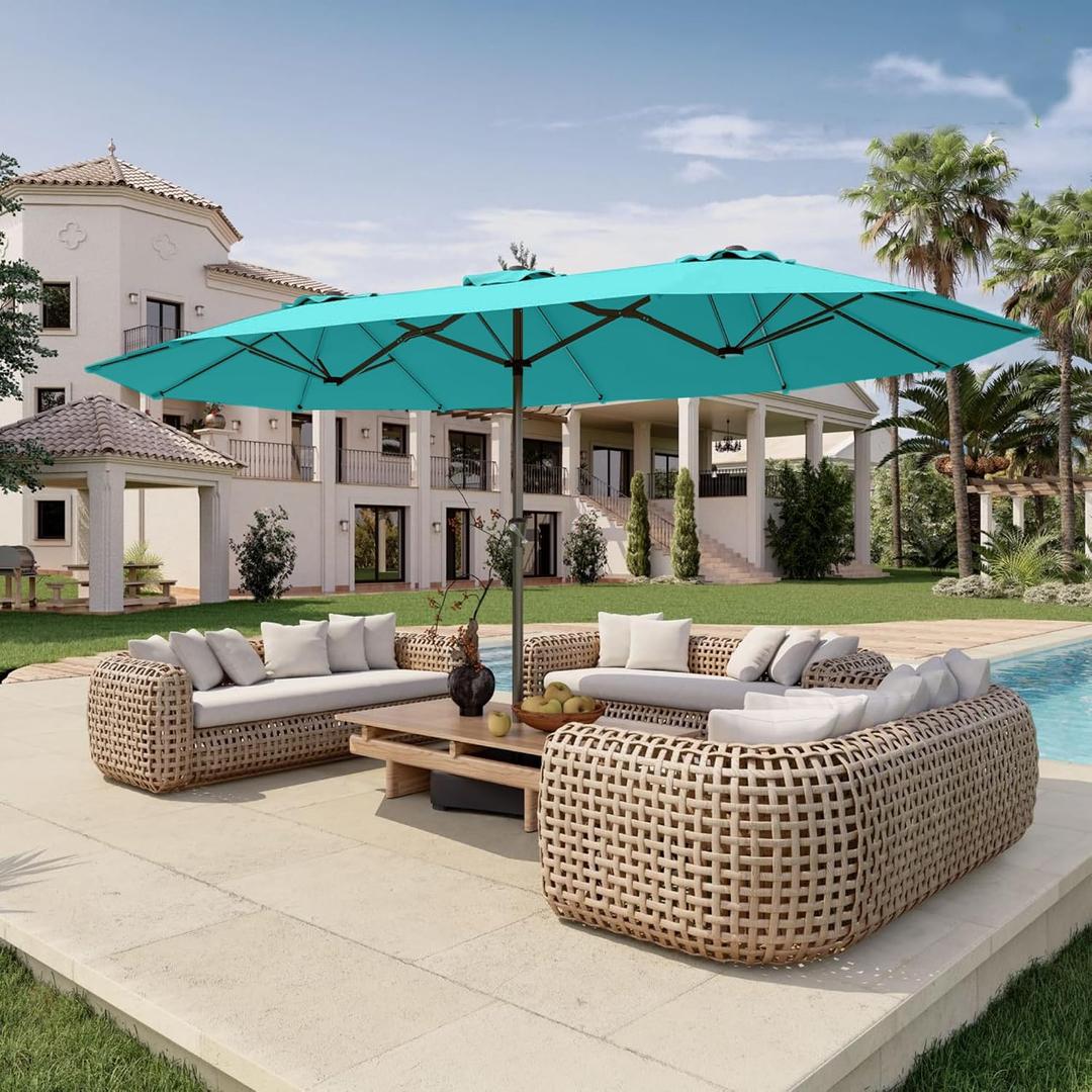 15FT Double Sided Patio Umbrella with Base Included Large Outdoor Market Umbrella with Crank Handle, UV Resistant Canopy, Sturdy Frame for Garden, Poolside, Deck, Aqua Blue