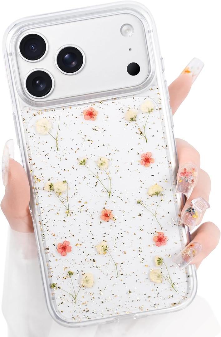 Peerok for iPhone 17 Pro Max Clear Case Natural Flowers Pattern, Cute Glitter Pink Floral Cases Slim Soft TPU Protective Women Girly 17 ProMax Phone Cover for 6.9Inch, Gypsophila Pink