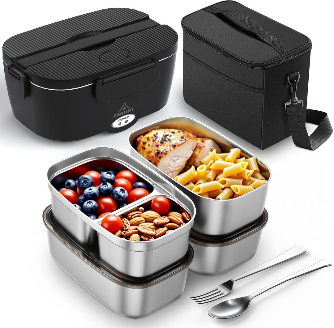 Heated Lunch Box,120W Electric Lunch Box for Adults with 1.5L 304 Stainless Steel Container, 12V/24V/110V Lonchera Elctrica Porttil for Travel,Work,Car,Truck (Pure Black, 1.5L x 4)