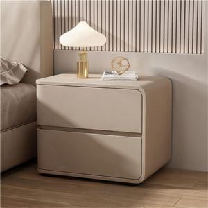 Solid Wood Nightstand with 2 Drawers, Premium Side Table with Microfibre Leather Wrap, Minimalist Bedside Table Bedside Furniture, Left and Right Options Nightstand(Khaki(Left),Large)