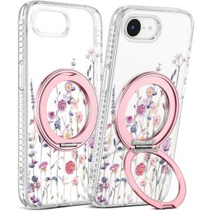 Loheckle for iPhone 17e/16e Case with Stand- Compatible with MagSafe Women Girls Cute Clear Girly Aesthetic Unique Design Soft TPU Magnetic Ring Phone Cover for Apple 17e/16e, Purple Flower