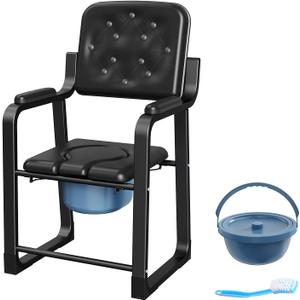 Heavy Duty Bedside Commode Chair, High Backrest PU Leather Armchair with Extra Soft Padded Cushion, Elderly Safety Toilet Seat for Living Room Bedroom, Supports up to 350lbs (Black)