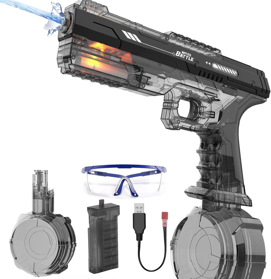 Skirfy Electric Water Gun with Realistic Gun Muzzle Flash for Kids Adults,High Powered Waterproof Water Pistol with High Capacity,Ideal Outdoor Swimming Pool Beach Toys-Black