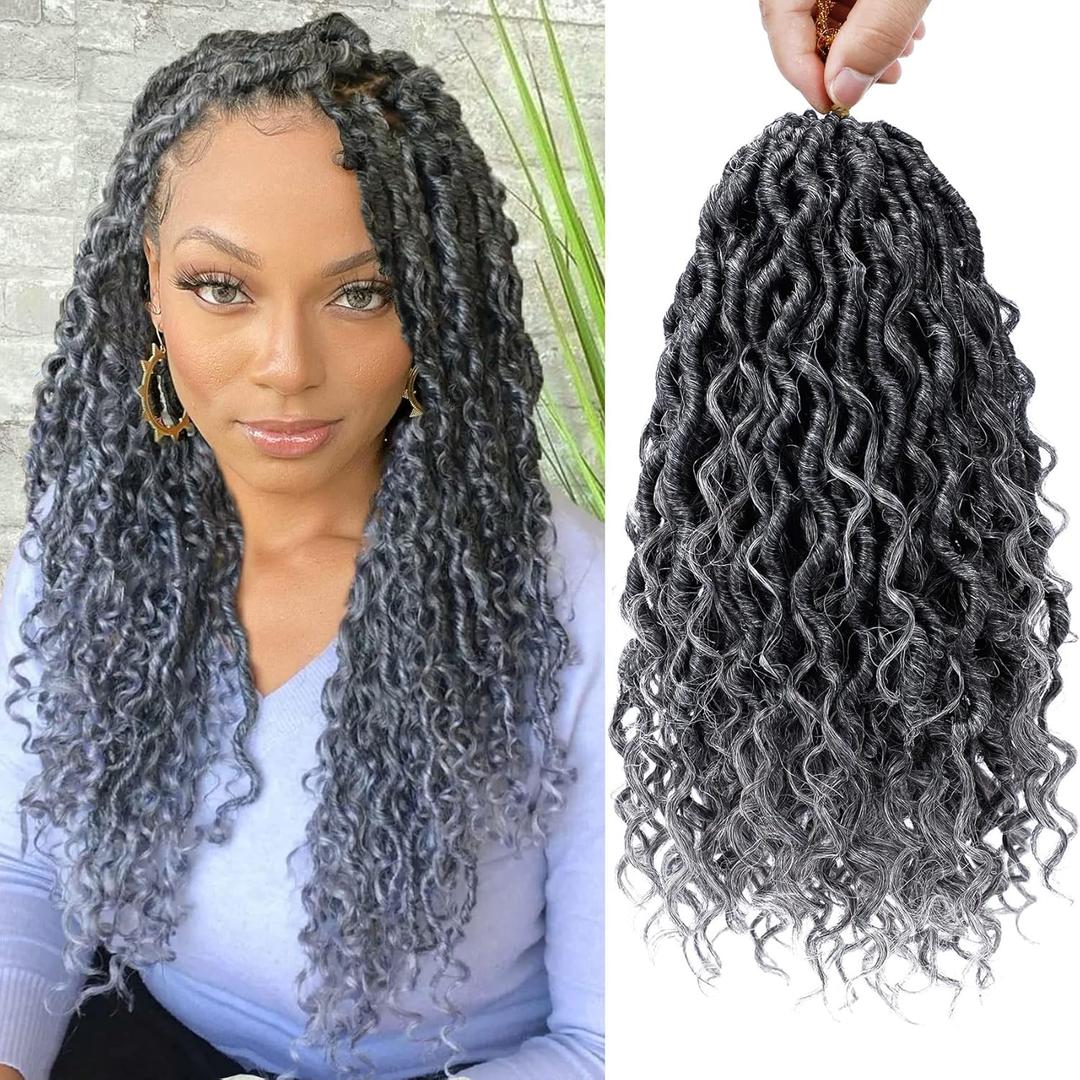 LIYATE Goddess Faux Locs Crochet Hair 12 Inch 6 Packs Grey Crochet Hair for Black Women Pre Looped Soft River Locs Crochet Braids with Curly Hair Boho Style Hair Extensions(T1B/Gray)