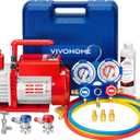 VIVOHOME 110V 1/4 HP 3.5 CFM Single Stage Rotary Vane HVAC Vacuum Pump and 3 Way AC Manifold Gauge Set with 4ft Hoses & Accessories for Auto Air Conditioning Refrigeration Recharging, Red