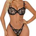 Lilosy Sexy Underwire Cute Push Up Strappy Embroidered Mesh Sheer Lingerie Set See Through Panty Bra (Black, XL)