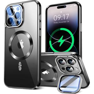 for iPhone 14 Pro Case Compatible with Magsafe Accessories,Stash Stand 9H Lens Protection,Slim Phone Case Military-Grade Shock Anti Yellowing Transparent Case 6.1-Black