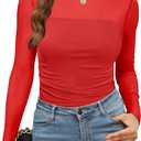 Womens Sexy Mesh Long Sleeve Shirts Fashion Clothing Turtle Necks Sheer Ruched Going Out Tops Fall Outfits Slim Fit Blouses (Red, M)