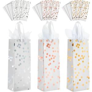 Sparkle and Bash Gift Bags - Polka Dot Foil Style & Assorted Bags for Gifts - Complete Wrapping Set with Tissue Paper & Ribbon Handles - Pack of 12-13.8x5x4 in - 3 Designs (Rose Gold, Silver)