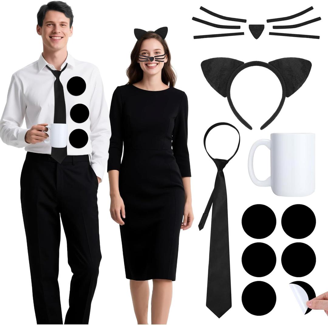 10 Pcs Halloween Costume Kit Office Costume Accessories for Adults Three Hole Stickers Ceramic Coffee Mug, Cat Ear Headband, Black Tie, Felt Cat Mustache for Iconic TV Duo