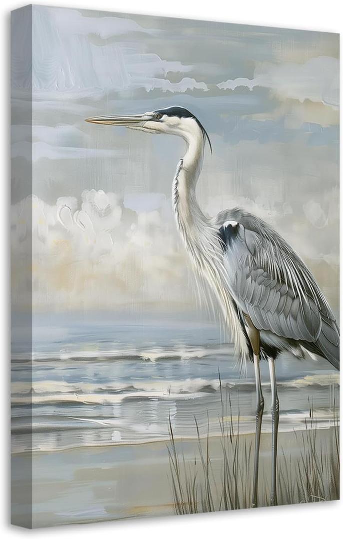SWQYLB Heron Canvas Wall Art Bird Picture Grey Heron on Beach Picture Prints Abstract Coastal Animal Artwork for Rustic Farmhouse Decor Framed (Blue, 16.00" x 24.00")
