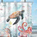 Riyidecor Sea Turtle Octopus Shower Curtain for Bathroom Decor 70Wx84H Extra Long Ocean Beach Seaside Teal Blue Child Coastal Nautical Art Printed Fabric Polyester Waterproof 12 Pack Plastic Hooks