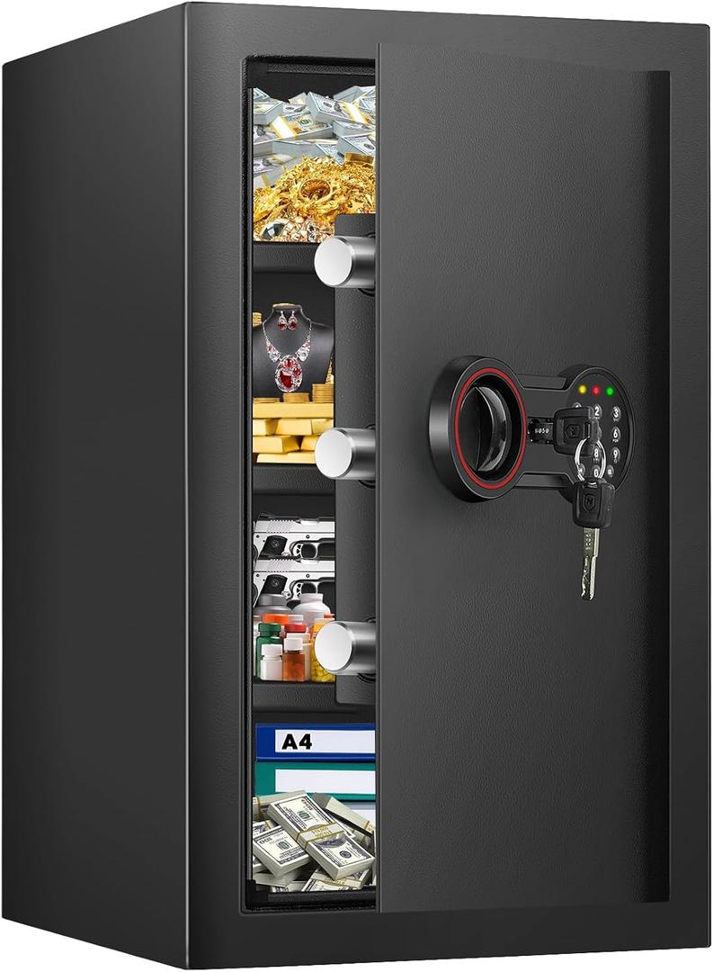 [23.6" Tall] Large Safe Box with LED Light, Anti-theft Home Safes with Programmable Keypad, Spare Keys and 3 Removable Shelves, Digital Security Safes for Home Money Firearm Documents Medicines